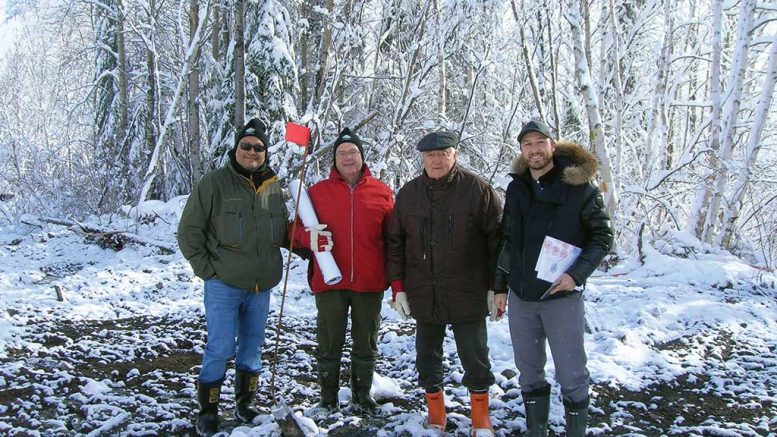 Yorbeau Resources’ senior management at the Gap Lens deposit’s discovery hole on the Scott Lake polymetallic project in Quebec, from left: Amit Gupta, chairman; Gérald Riverin, president; Georges Bodnar, director and interim CFO; and Sylvain Lépine, project manager. Credit: Yorbeau Resources.