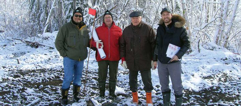 Yorbeau Resources’ senior management at the Gap Lens deposit’s discovery hole on the Scott Lake polymetallic project in Quebec, from left: Amit Gupta, chairman; Gérald Riverin, president; Georges Bodnar, director and interim CFO; and Sylvain Lépine, project manager. Credit: Yorbeau Resources.